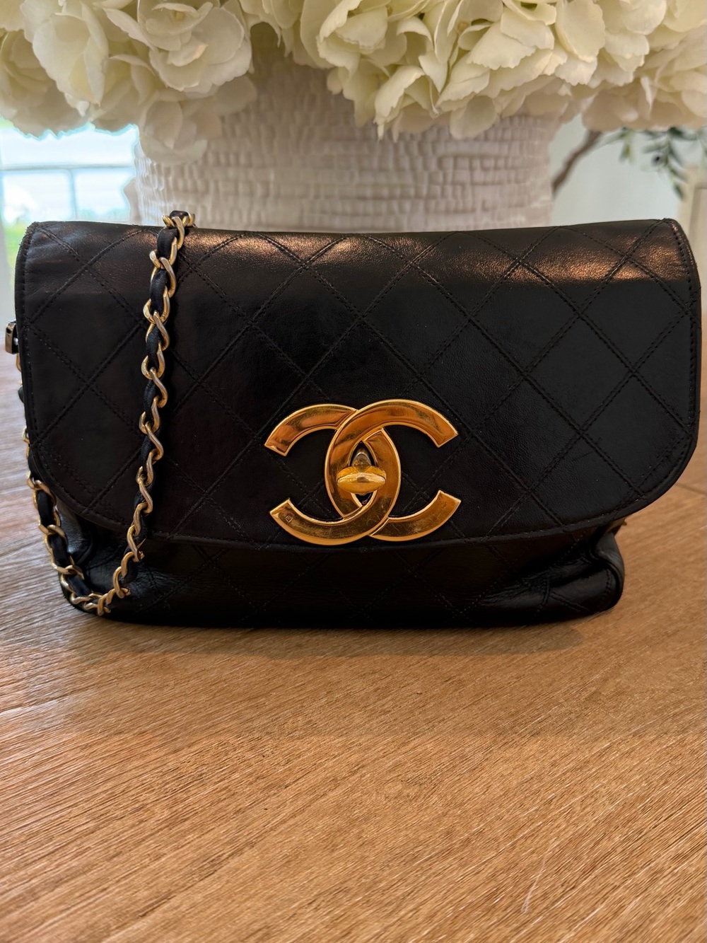 CHANEL Black Quilted Shoulder Bag with Gold CC Hardware flap turn lock crossbody